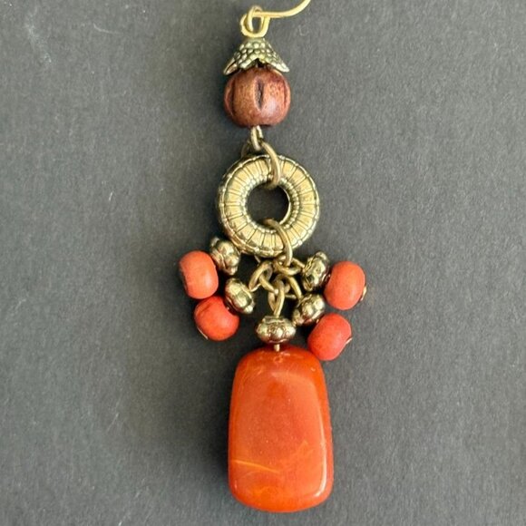 Vintage 80's Orange Aux Agate Wood Bead Necklace Earrings Set W/ Brass Accents - Picture 4 of 8